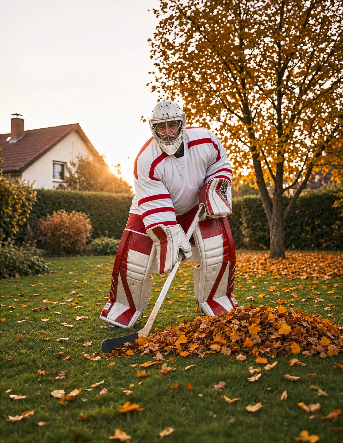 Un portiere di hockey rastrella le foglie in giardino