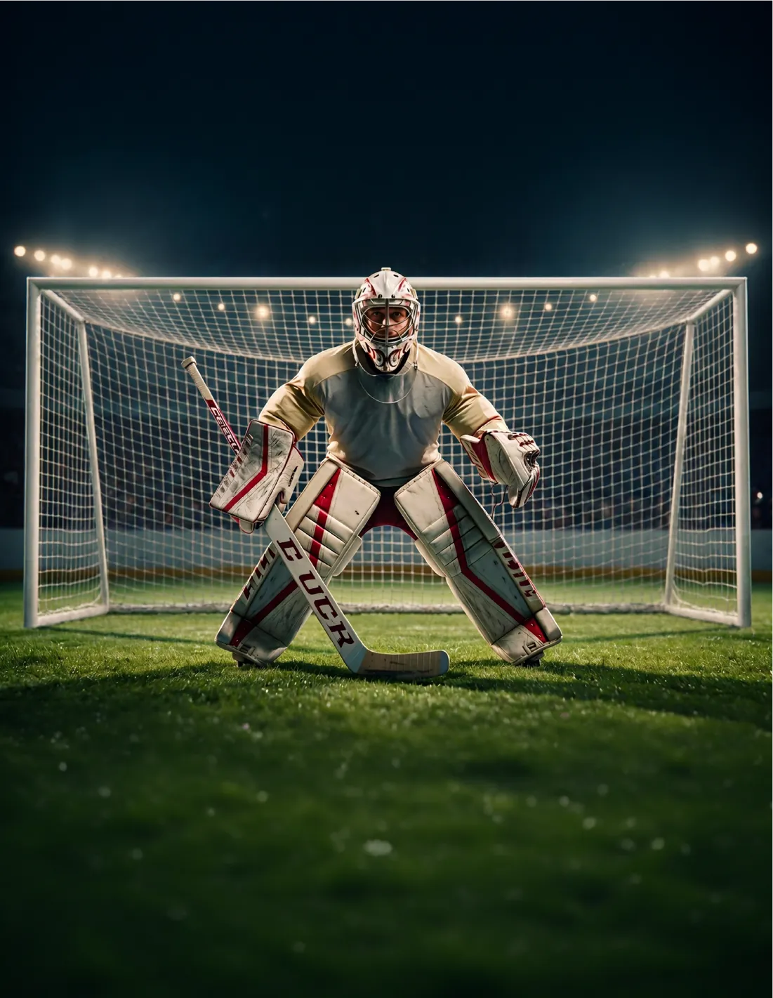Un portiere di hockey difende una porta da calcio